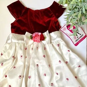 Velvety and embroidery laces, multilayers dress for girls 7T, red and white